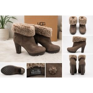 UGG Australia Brown Suede Shearling Fur Cuff Platform Heeled Ankle Boots Size 7